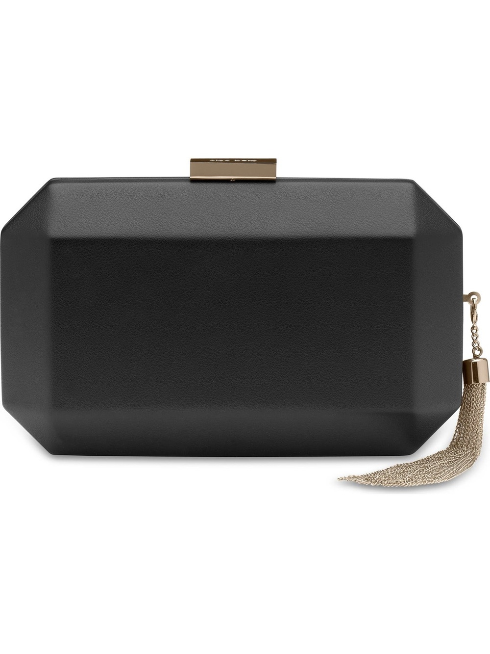 Olga Berg Black Faceted Box Clutch with Gold Chain Tassel